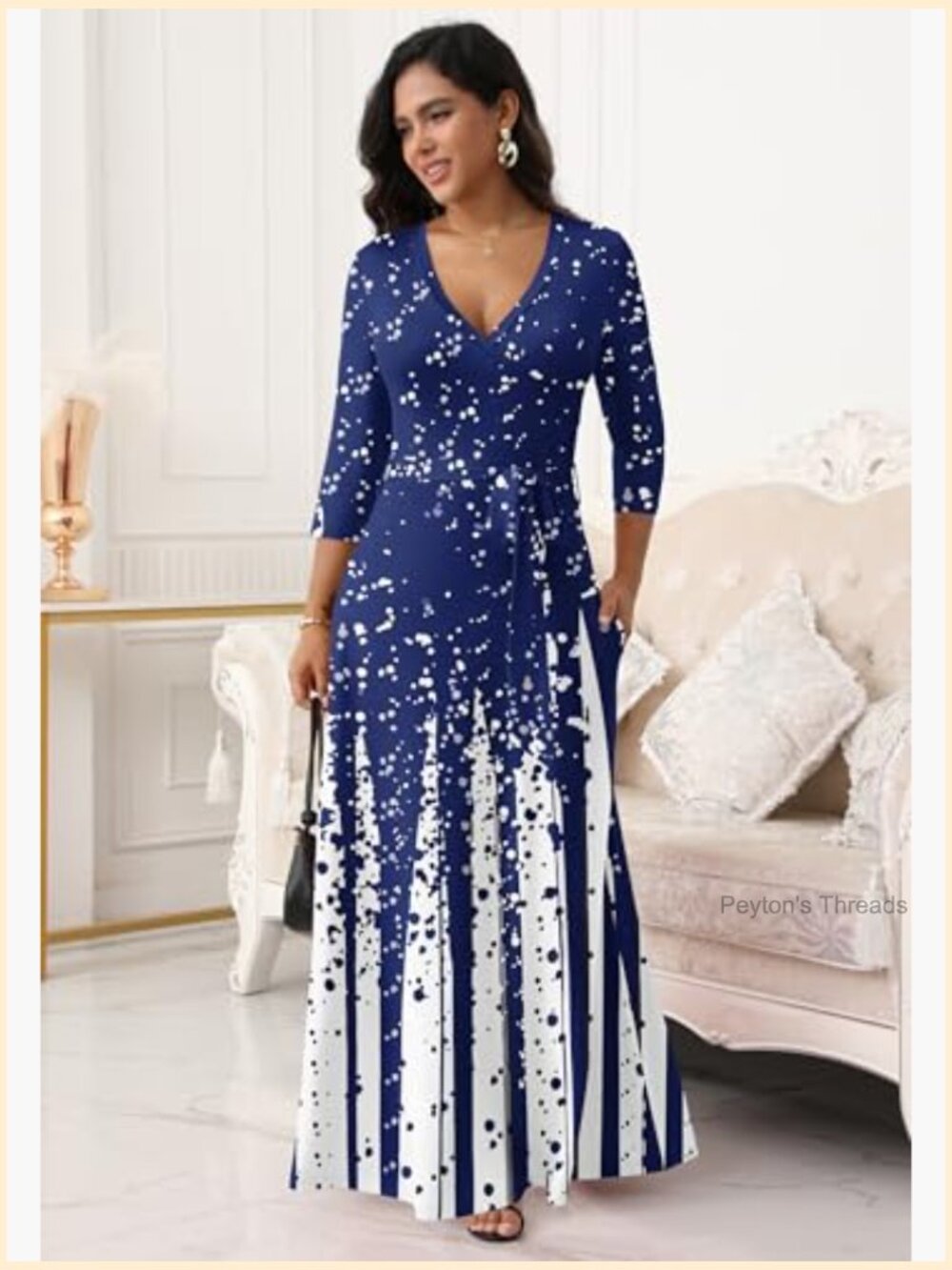 Women's V-Neck 3/4 Sleeve Maxi Dress with Tie Waist - Casual Flowy Silhouette - Picture 4 of 7